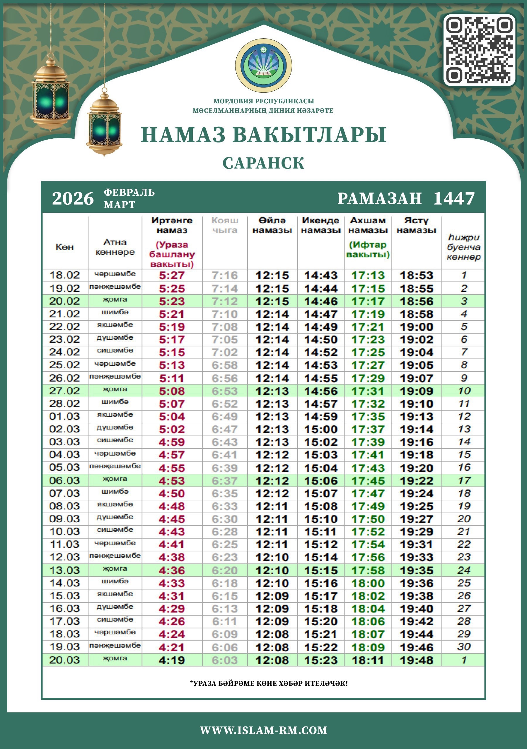 Время намазов в городе Саранск